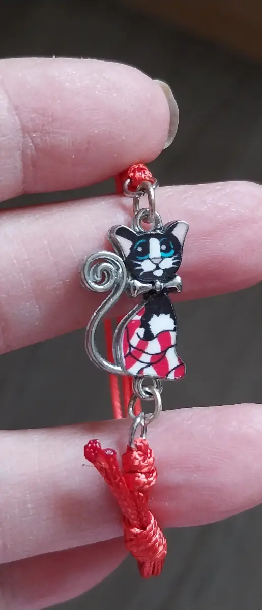 Children's friendship bracelet with metal red and black cat pendant