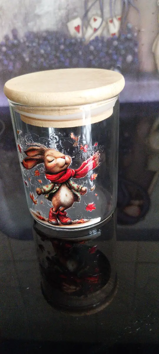 Small glass container with bamboo lid Rabbit decal