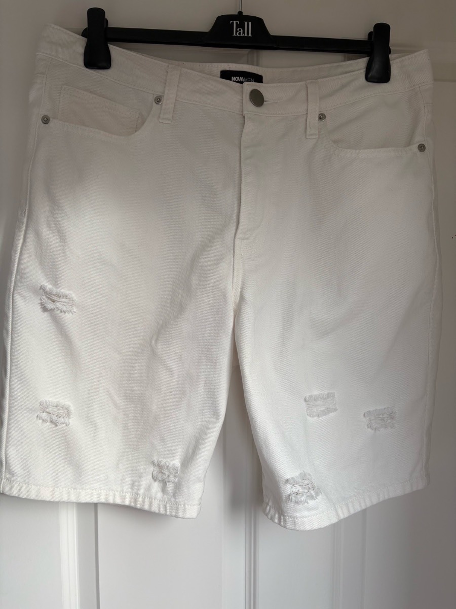 Nova Men White Distressed Denim Shorts Size 32 Ripped Cotton Casual Summer
