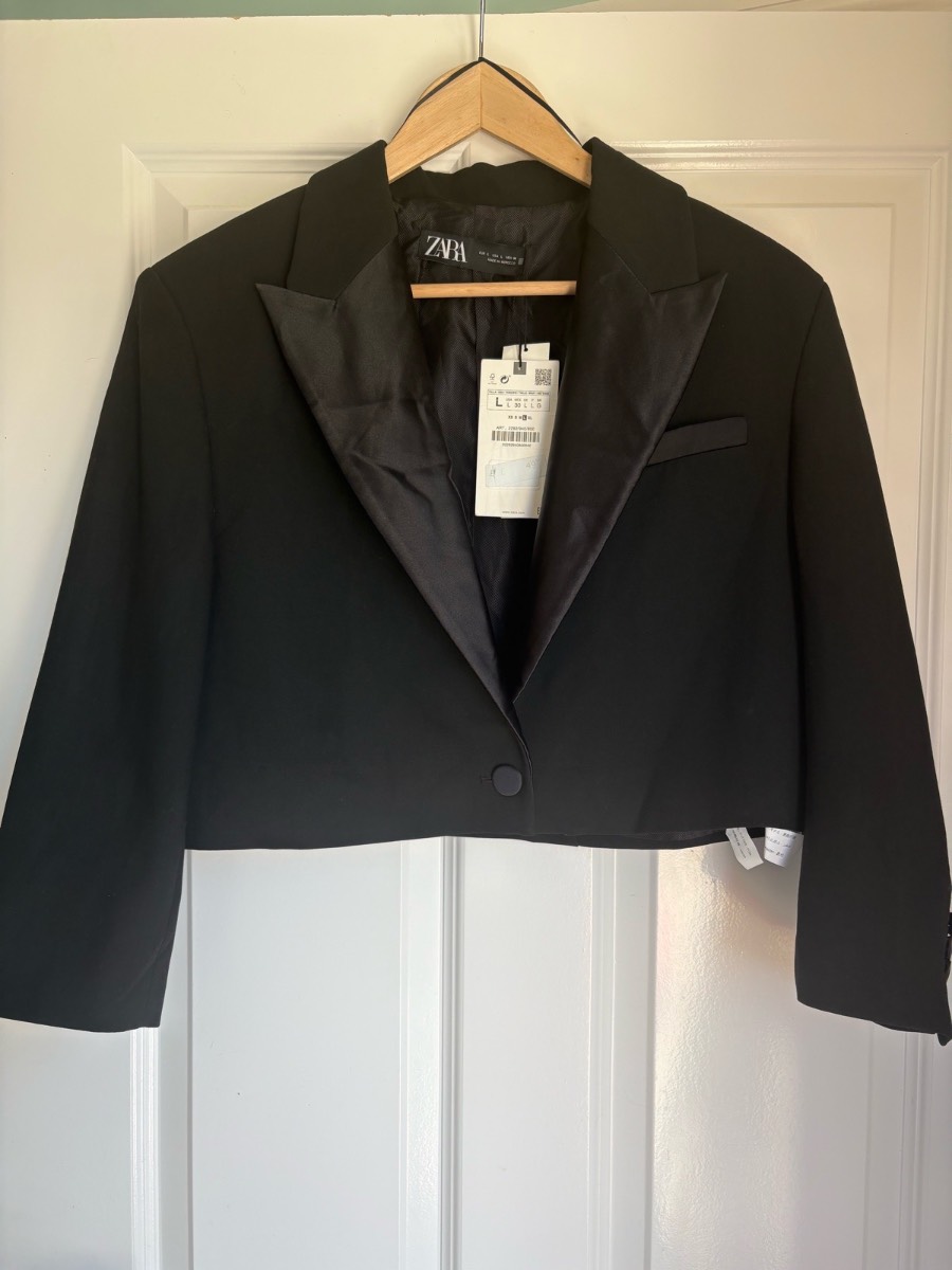 ZARA Womens Black Cropped Tuxedo Blazer Satin Lapel Evening Jacket L BNWT