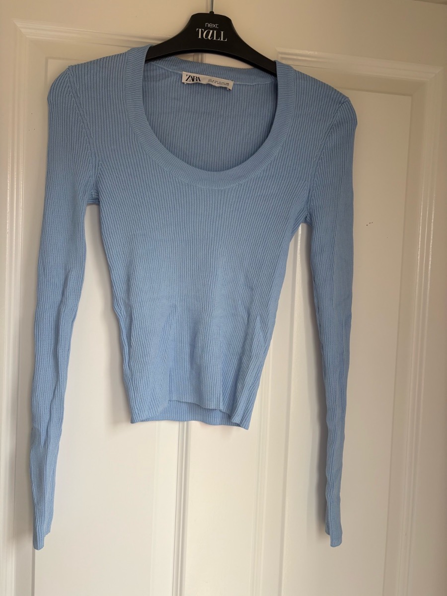 Zara Blue Ribbed Knit Long Sleeve Top Size S Stretch Fitted Crew Neck