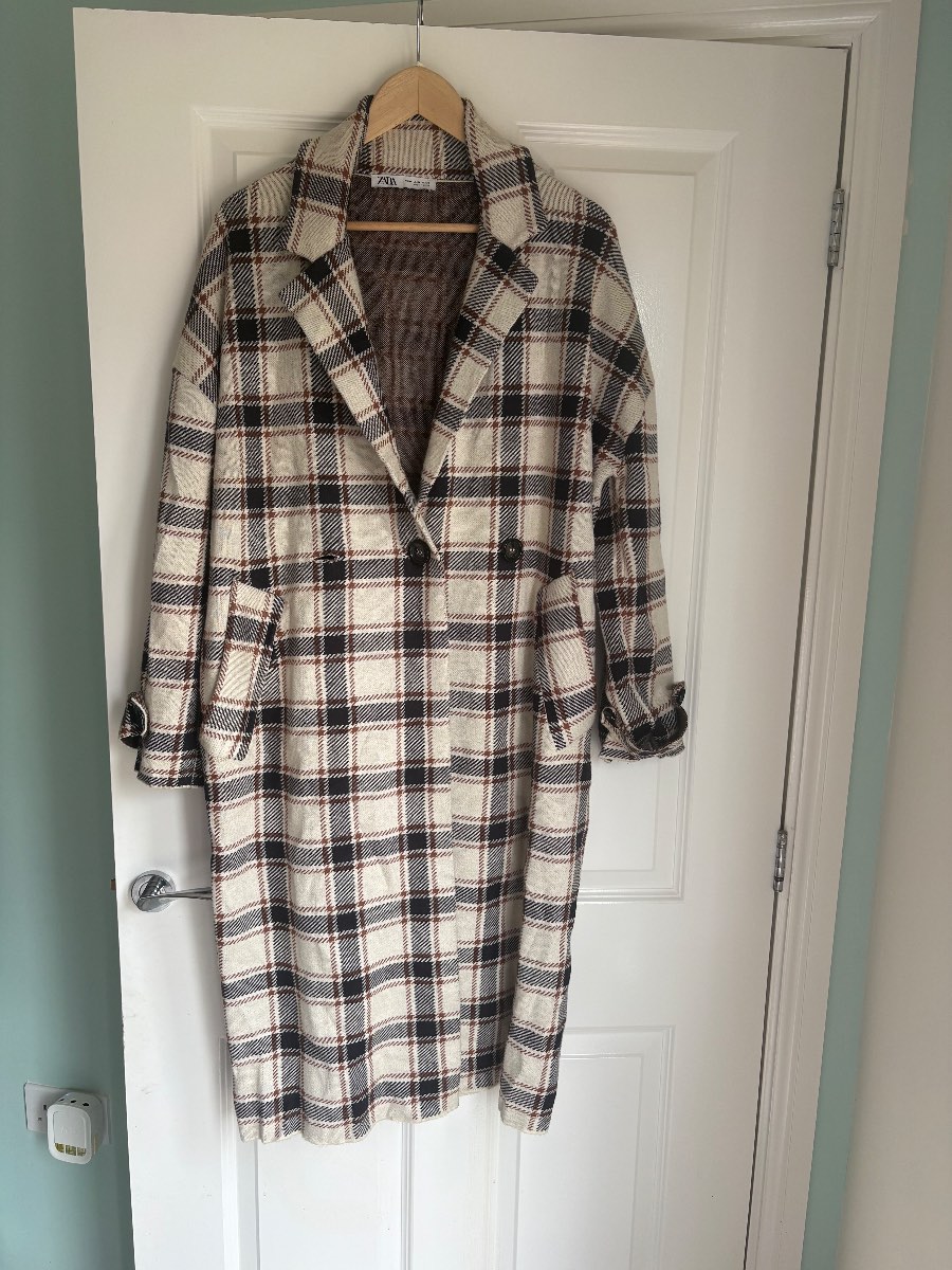 Zara Women’s Checked Longline Coat Oversized Double Breasted Plaid UK M