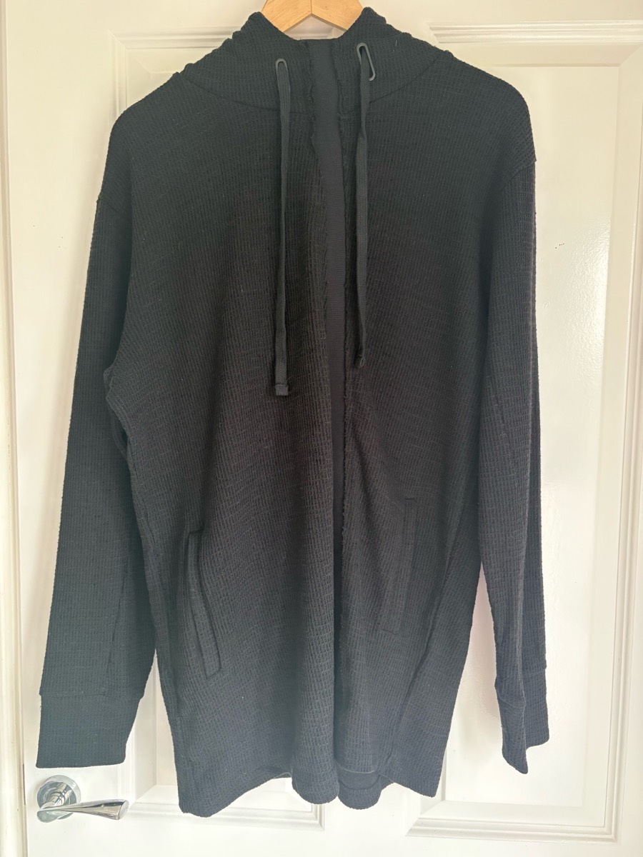 ZARA Men's Black Waffle Knit Pullover Hoodie, Drawstring Hood, Pockets M