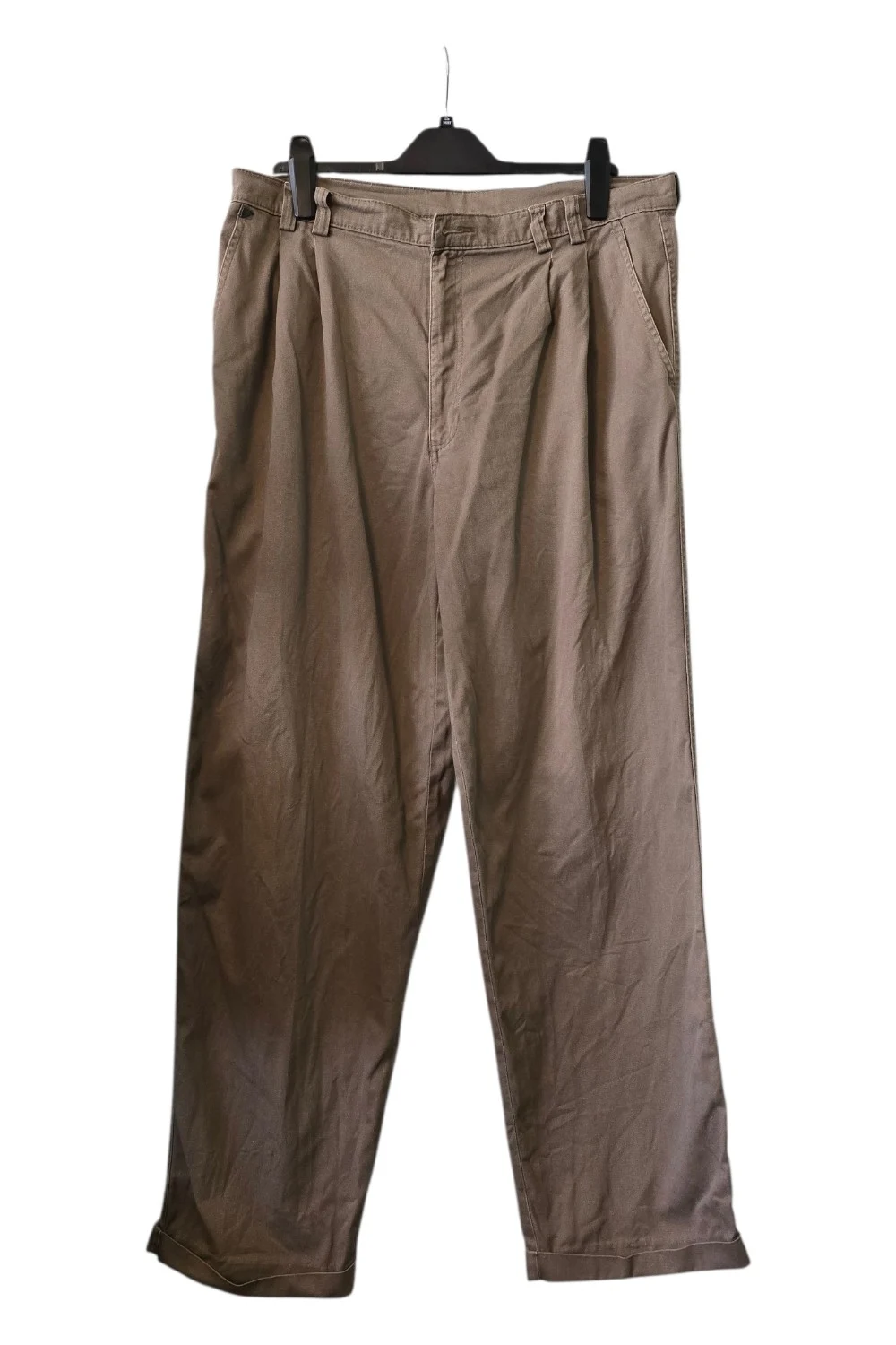 Beige Pleated Chino Trousers | W36 L32 — Relaxed Fit — Button Missing