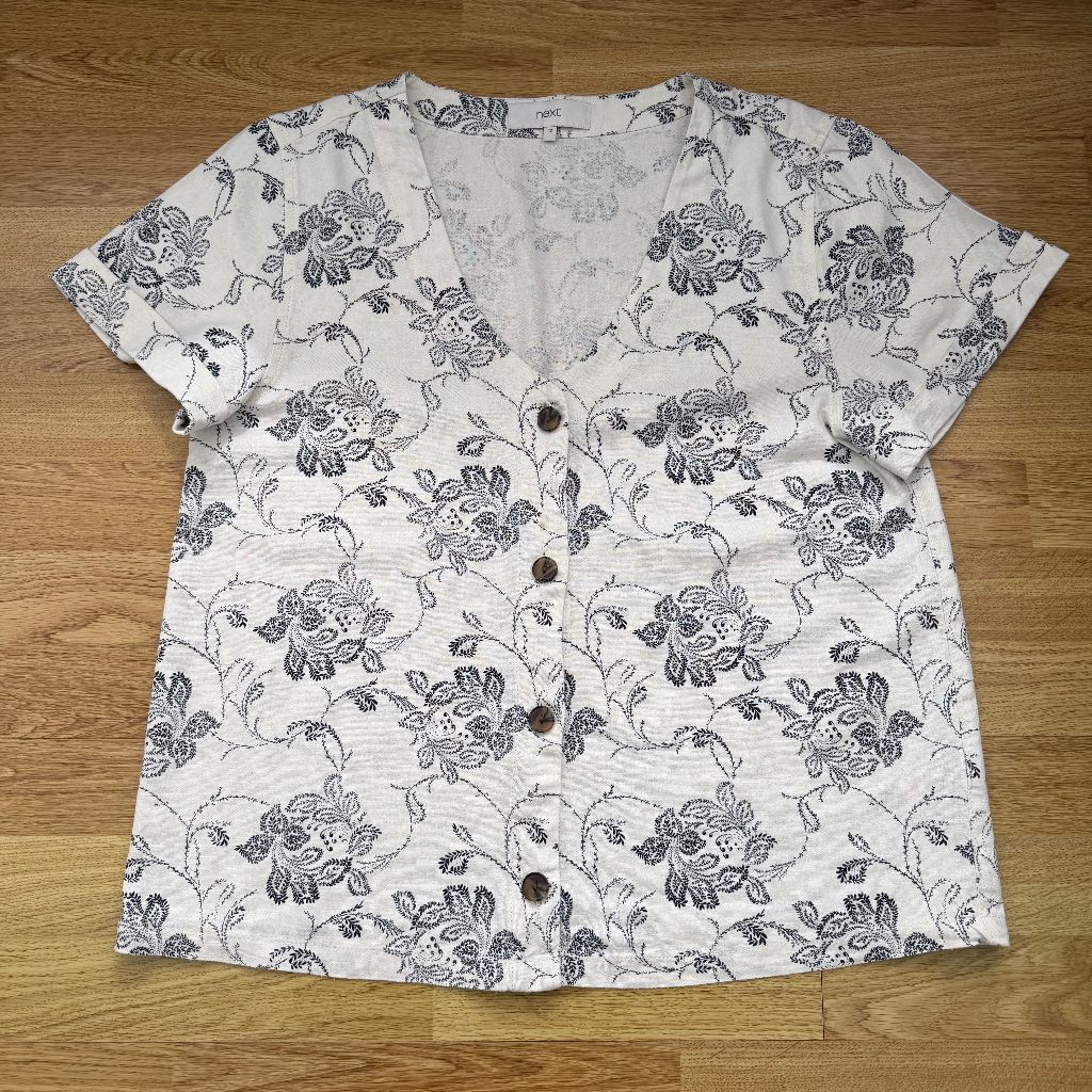 Next White Black Floral Linen Blouse Shirt Size 12