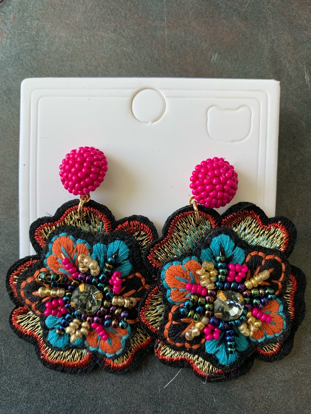 Colourful Embroidered Flower Drop Earrings