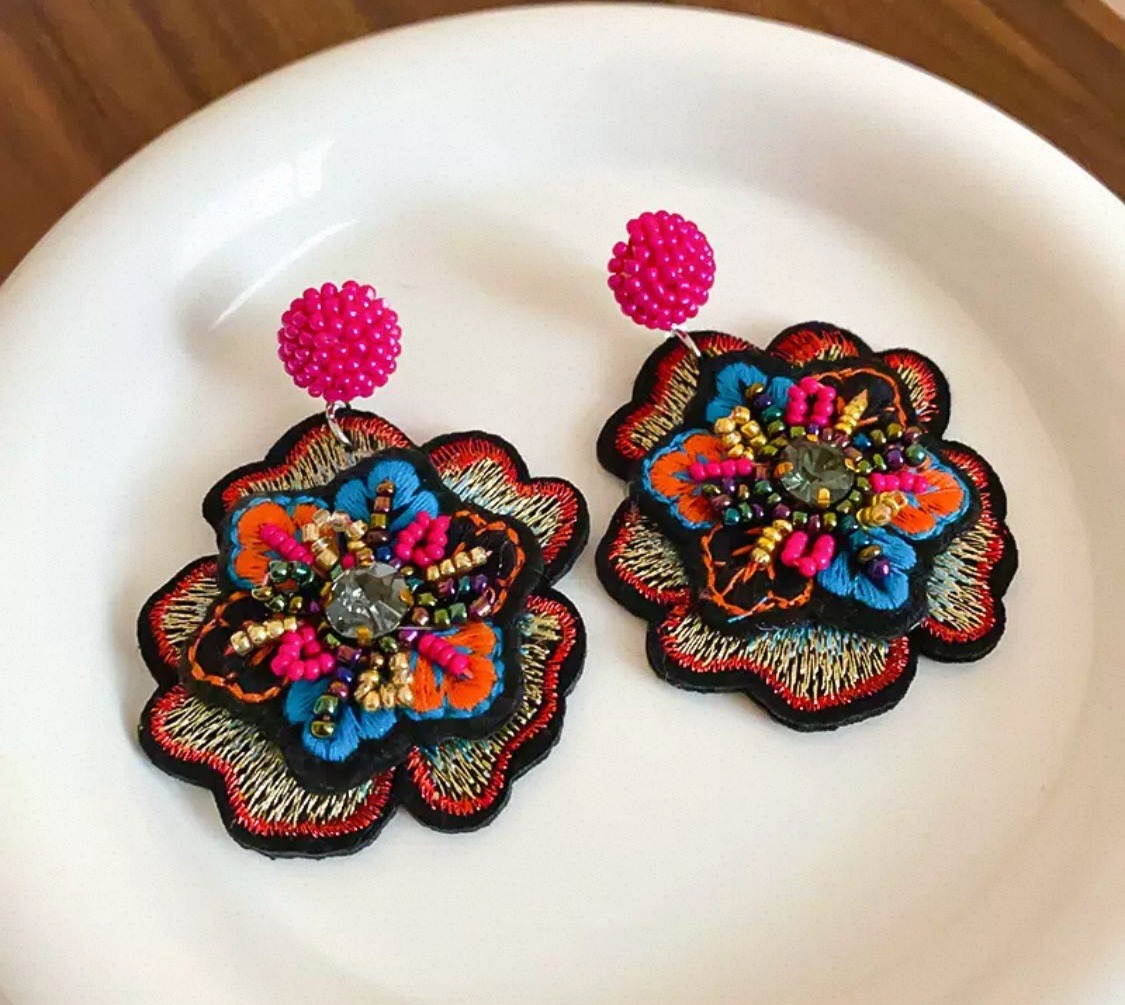 Colourful Embroidered Flower Drop Earrings