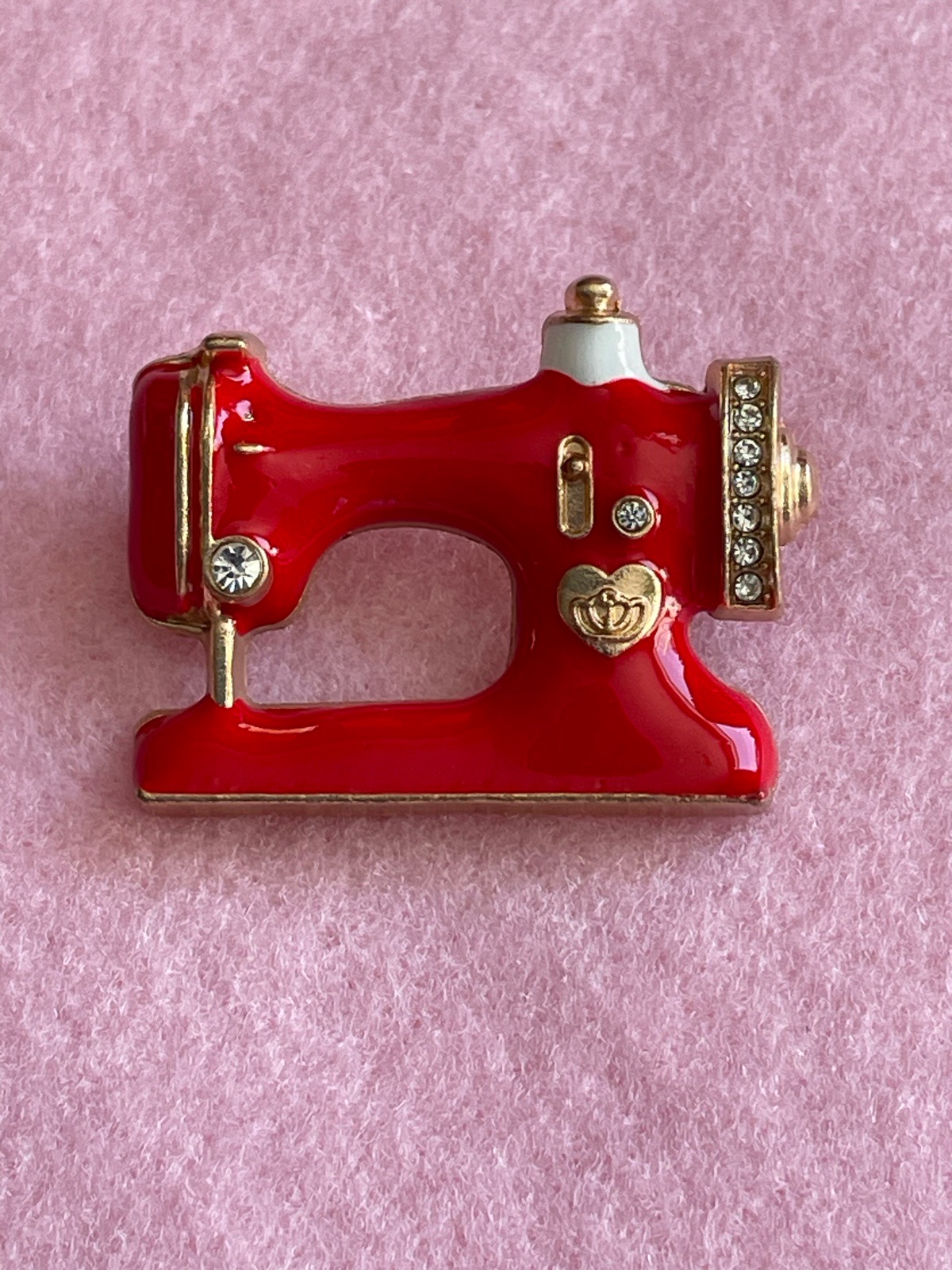 Red/Gold “Sewing Machine” Enamelled Brooch with Silver Rhinestones