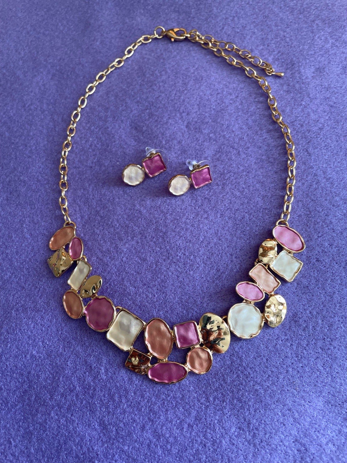 Geometric Enamelled Necklace & Earrings Set in shades of Pink/Peach/Cream