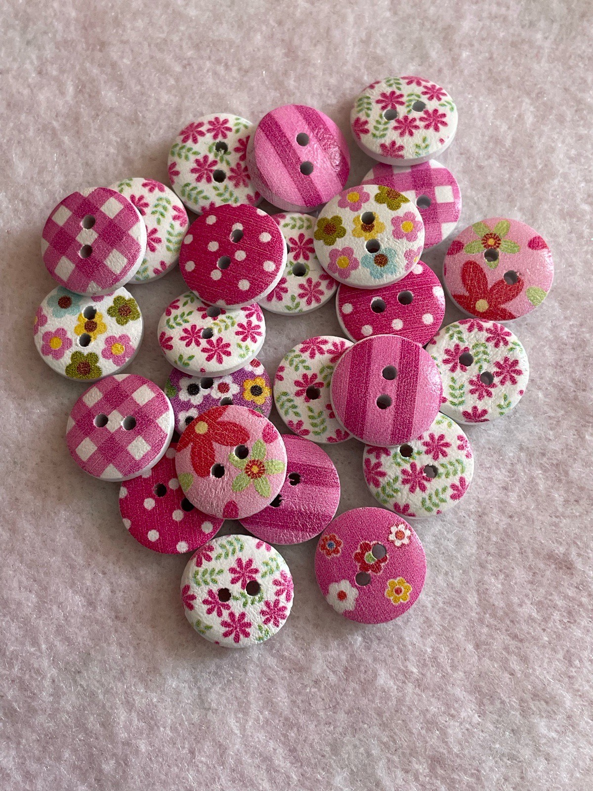 24 x Pink Floral, Checked, Striped Wooden Buttons (15mm)