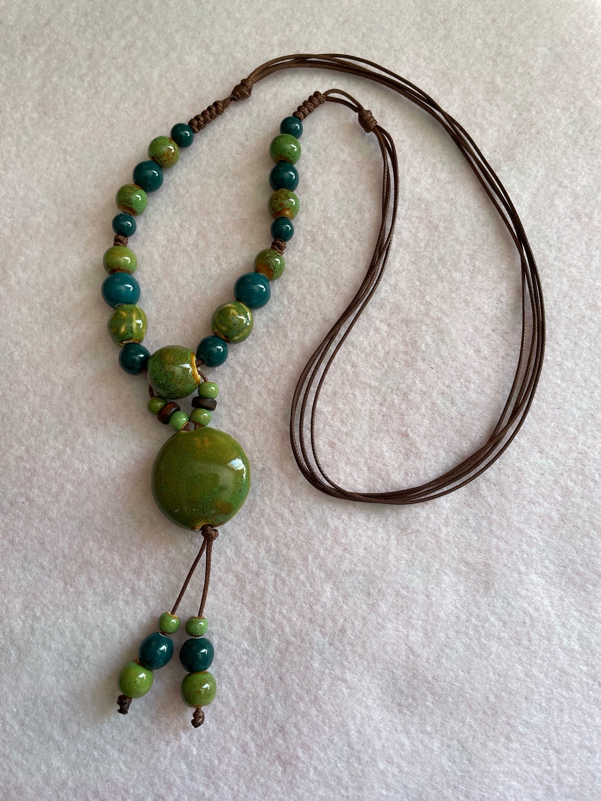 Rustic Chunky Green/Turquoise Extendable Ceramic Pendant Necklace
