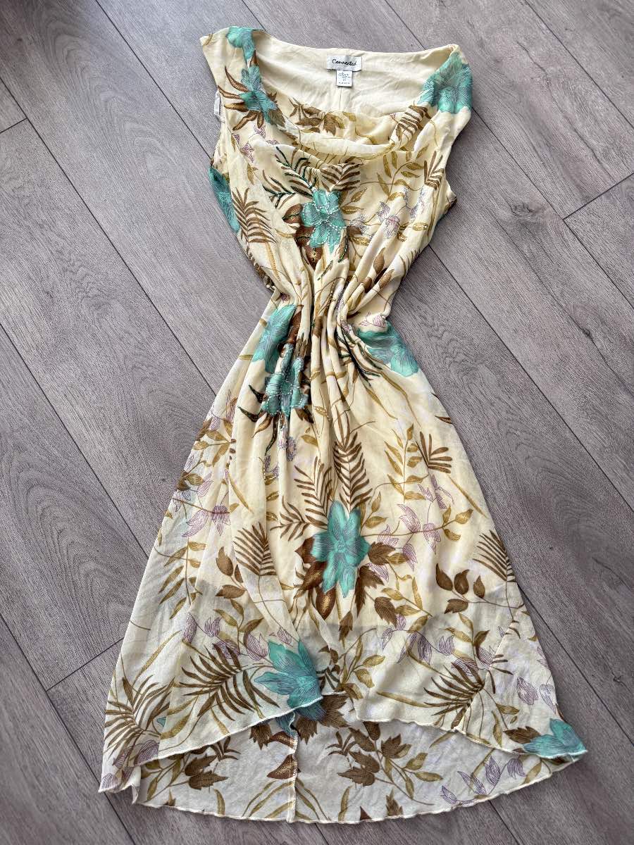 Vintage Connected Floral Beaded Midi Dress UK 14 Cottagecore Boho Y2K