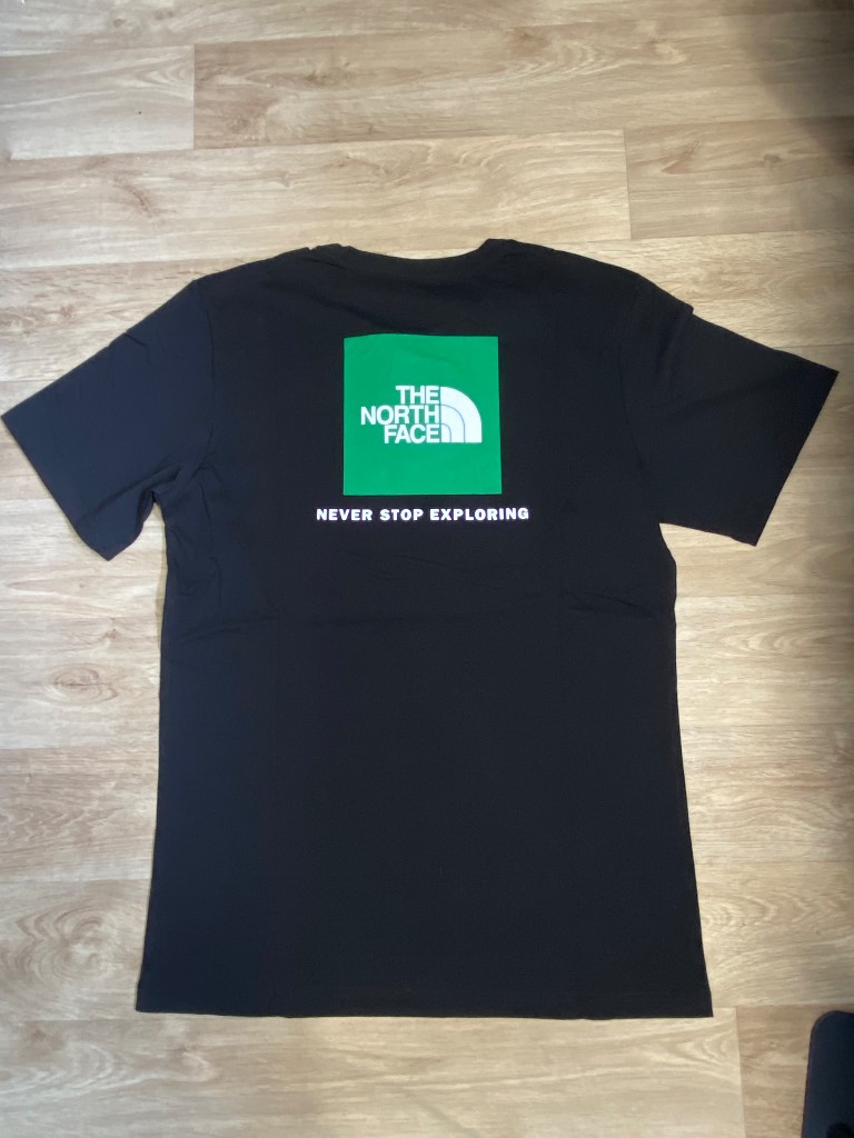 The North Face Black T-Shirt Green Box Logo Never Stop Exploring Outdoor Classic