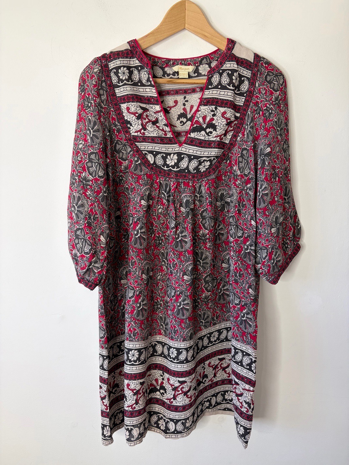 Y2K Vintage Boho Chic Bohemian Monsoon Indian Print 3/4 Sleeve Smock Tunic Top Size 14