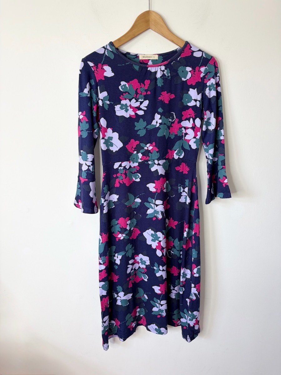 Woolovers Women’s Blue Vibrant Floral Print Fluted Sleeve Midi Dress Size XS