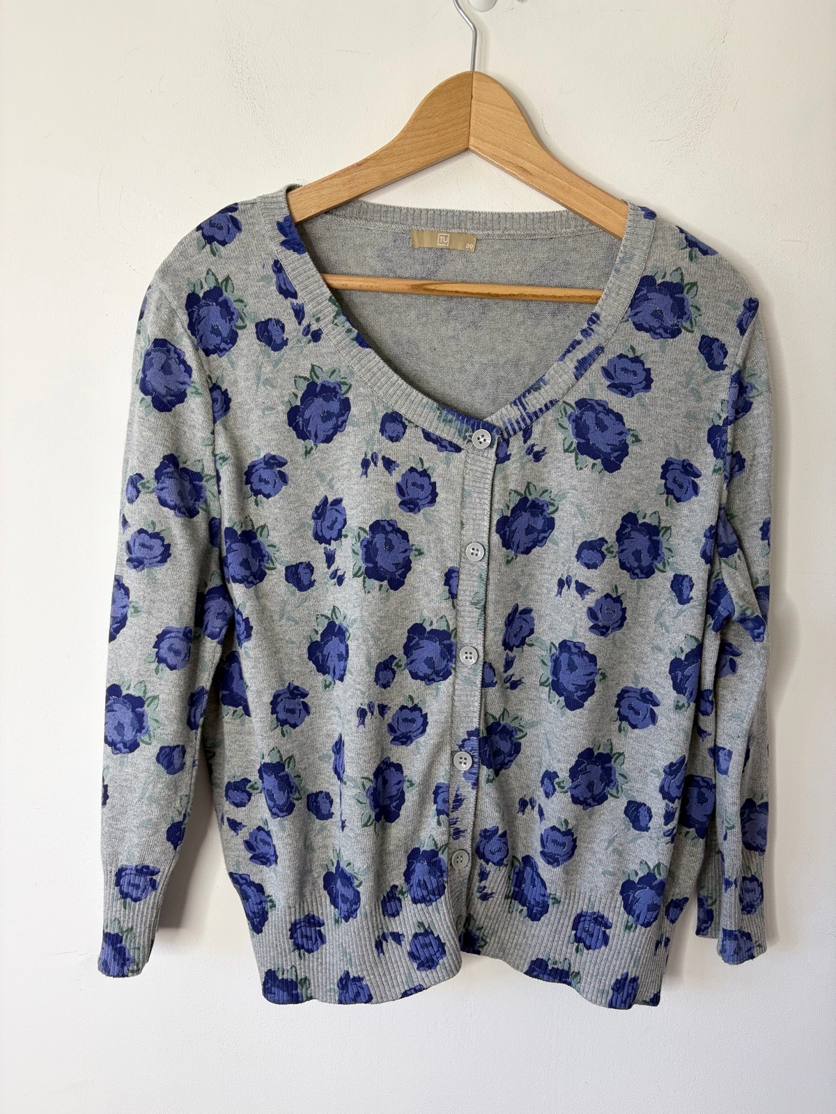 TU Women’s Grey Floral Rose Print Knitted 3/4 Sleeve Cardigan Size 20