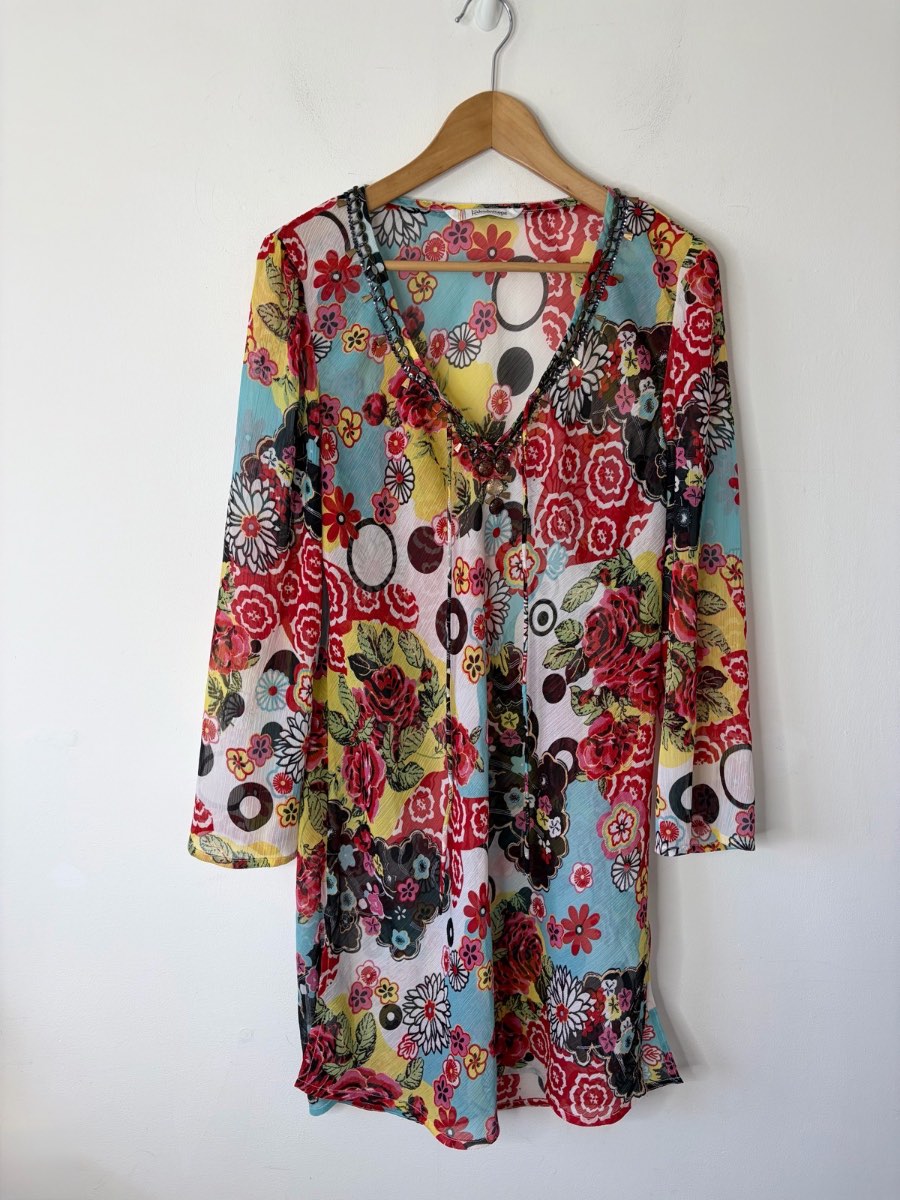 Kaleidoscope Women’s Vibrant Boho Multi Sheer Floral Tunic Beach Cover Up Top Size 14