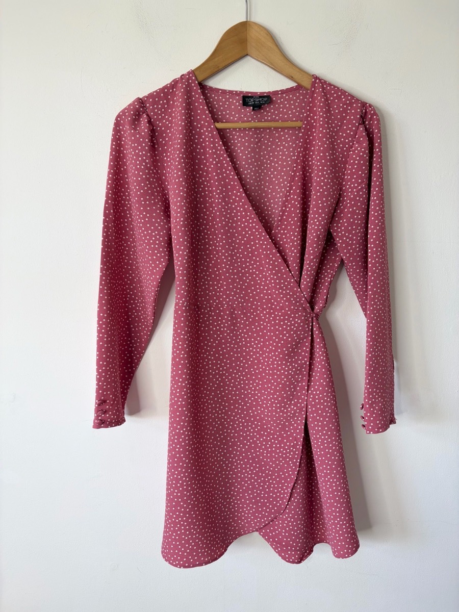 Topshop French-Girl Chic Dusky Pink Polka Dot Wrap Summer Tea Dress Size 10