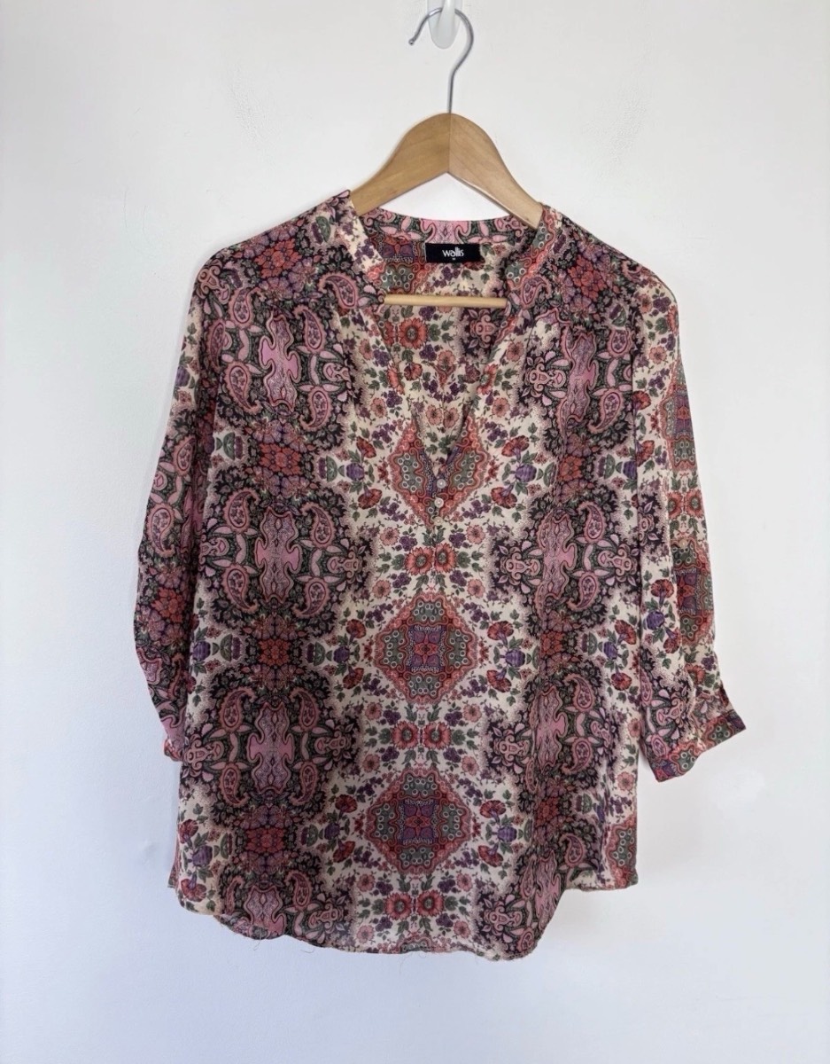 Wallis Women’s Boho Bohemian Floral Print 3/4 Sleeve Sheer Summer Blouse Size M