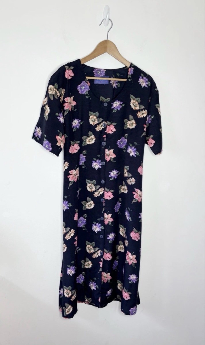 Vintage Ecoline Women’s Navy Colourful Painterly Floral Print Midi Dress Size Medium