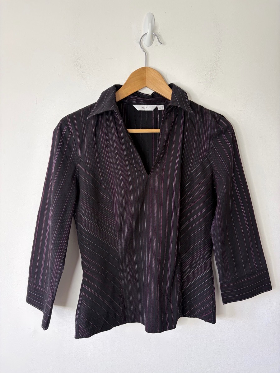 Y2K 2000,s Next Women’s Black Office Chic Pinstripe Fitted V-Neck Shirt Size 14