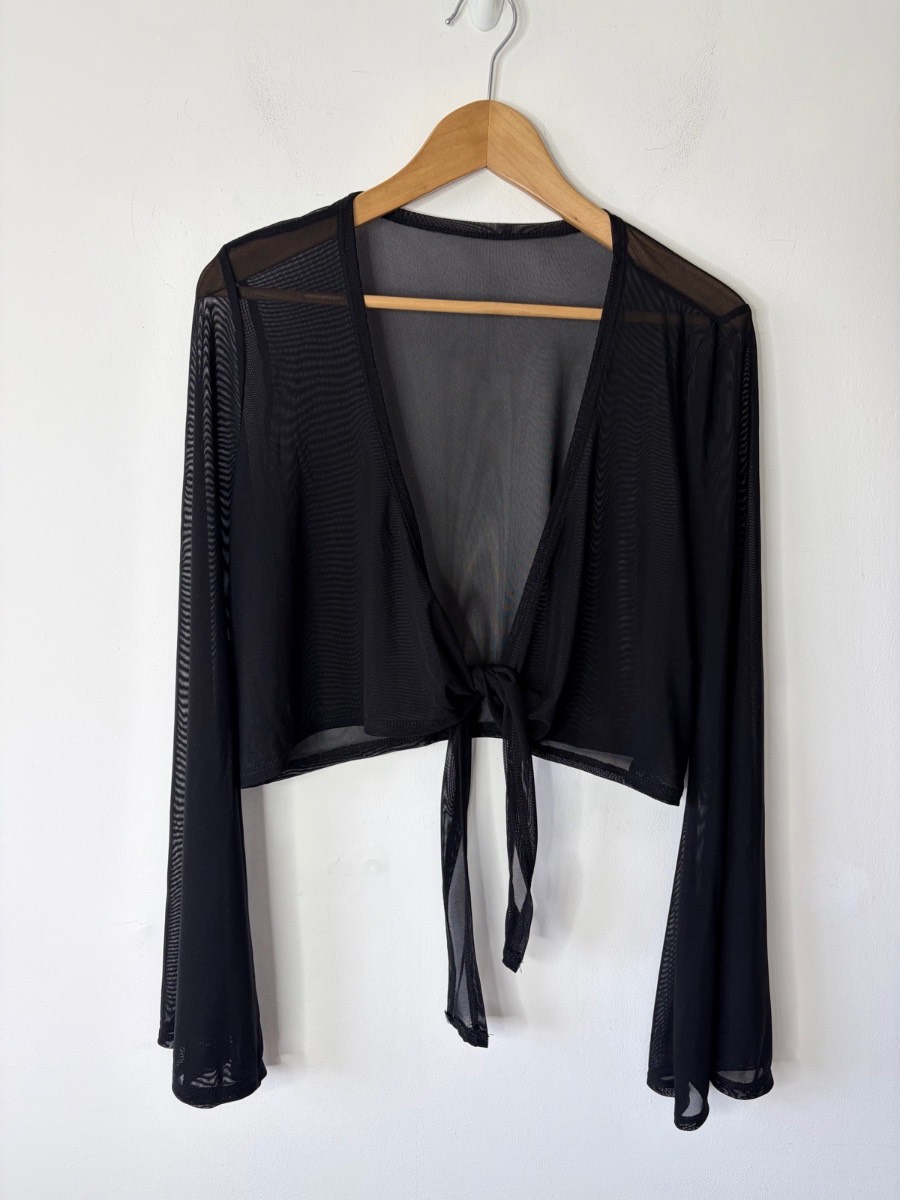 Shein Women’s Black Sheer Flared Sleeve Front Tie Cardigan Shrug Size XL