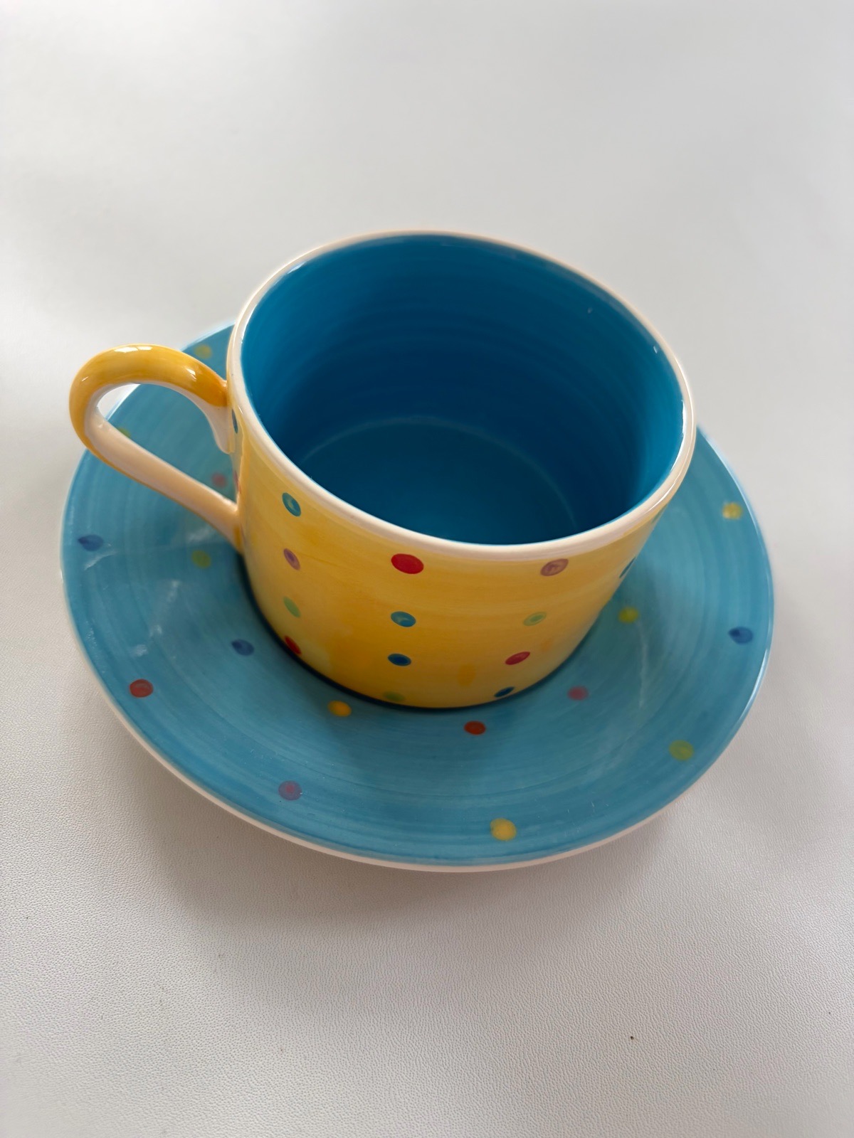 Whittard Of Chelsea Yellow Blue Polkadot Hand Painted Cup And Saucer Set Kitchen Tea Coffee
