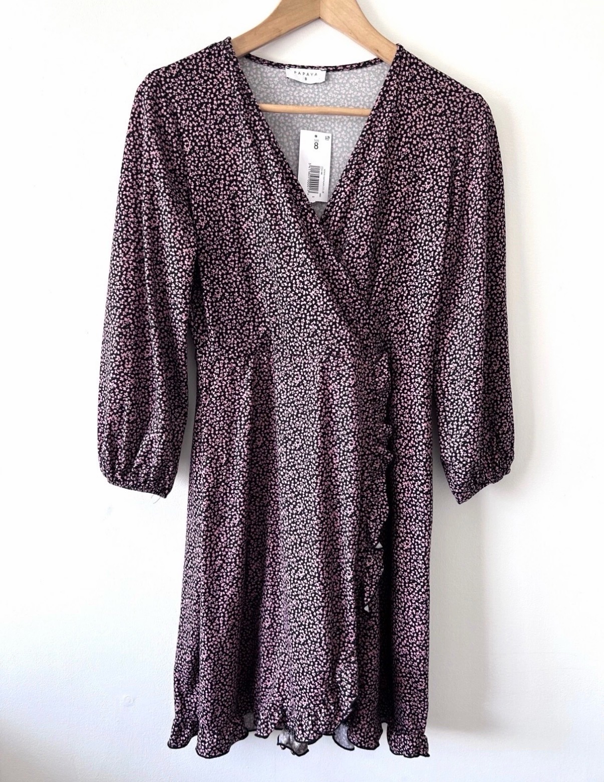 Papaya Women’s Pink Black Ditsy Floral Wrap Ruffle Hem 3/4 Sleeve Dress Size 8