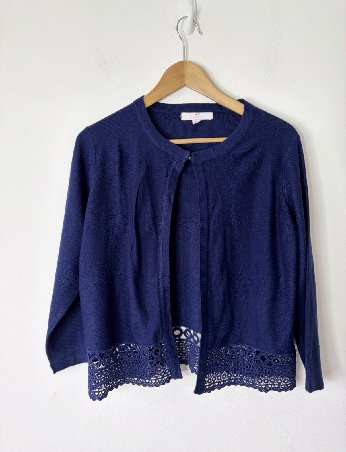 Julipa Women’s Navy Blue Crochet Lace Trim Knitted Cardigan Size 12-14