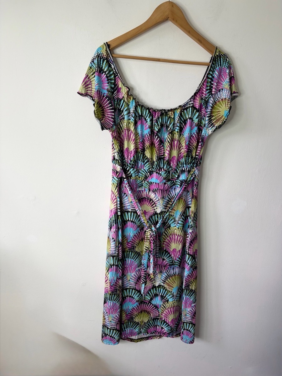 Vivance Women’s Vibrant Colourful Fan Patterned Summer Midi Jersey Dress Size 14