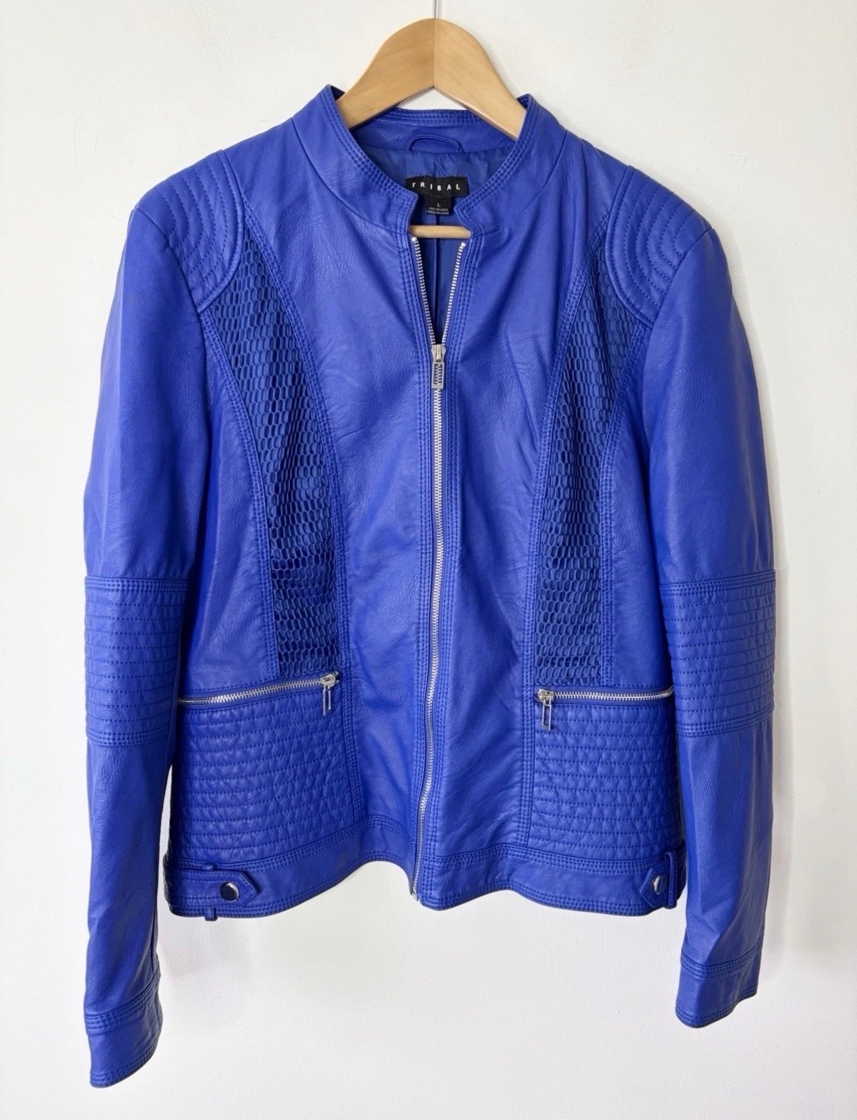 Tribal Women’s Vibrant Kingfisher Blue Faux Leather Biker Jacket Size Large
