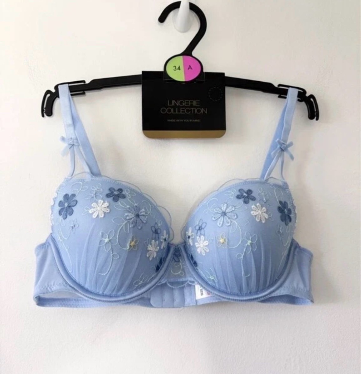 New Papaya Women’s Stunning Light Blue Embroidered Flower Plunge Bra Size 34A