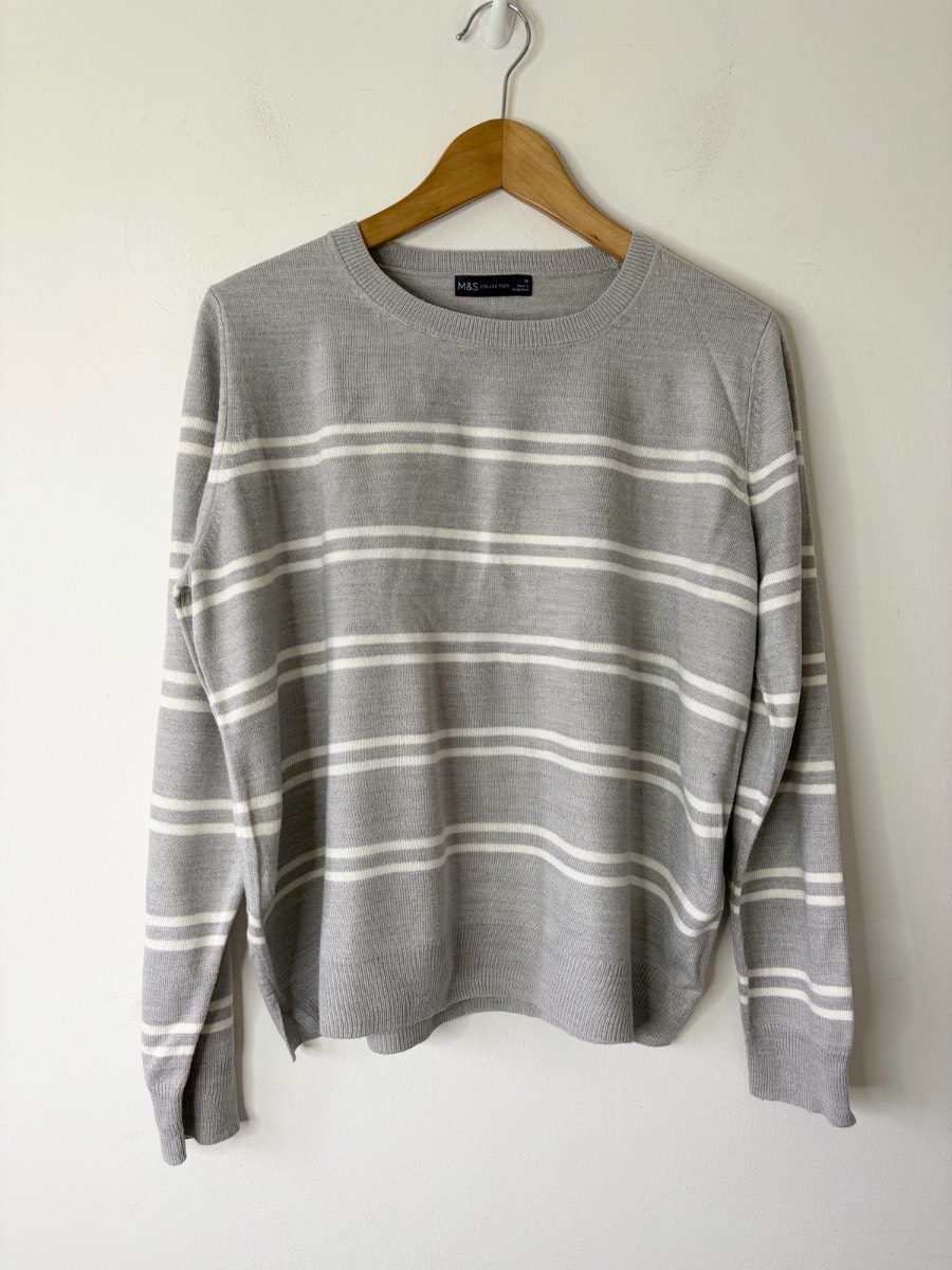 Marks & Spencer Women’s Grey And White Stripe Knitted Thin Jumper Size 16