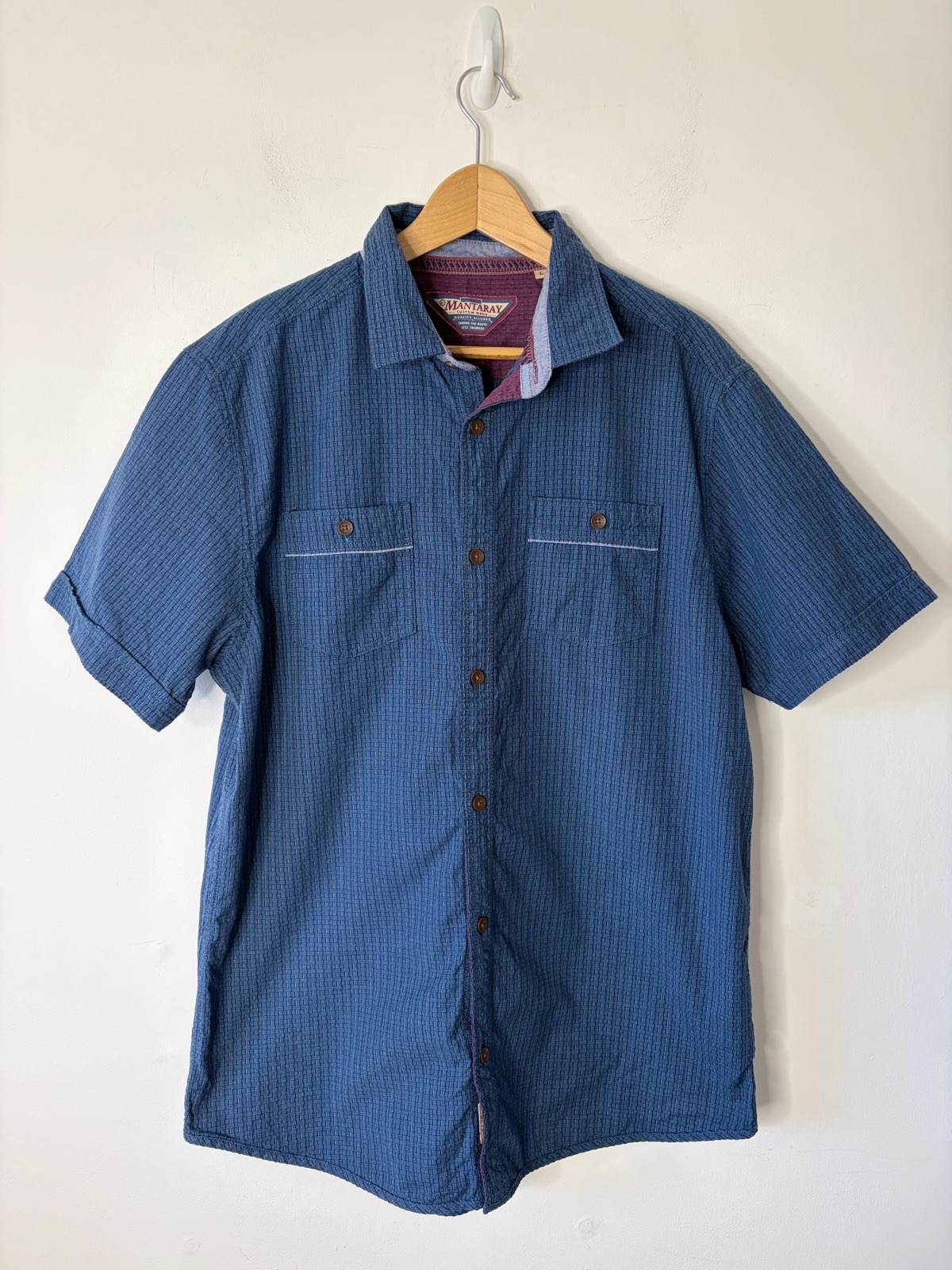 Mantaray Mens Navy Blue Textured Short Sleeved Cotton Shirt Size Large