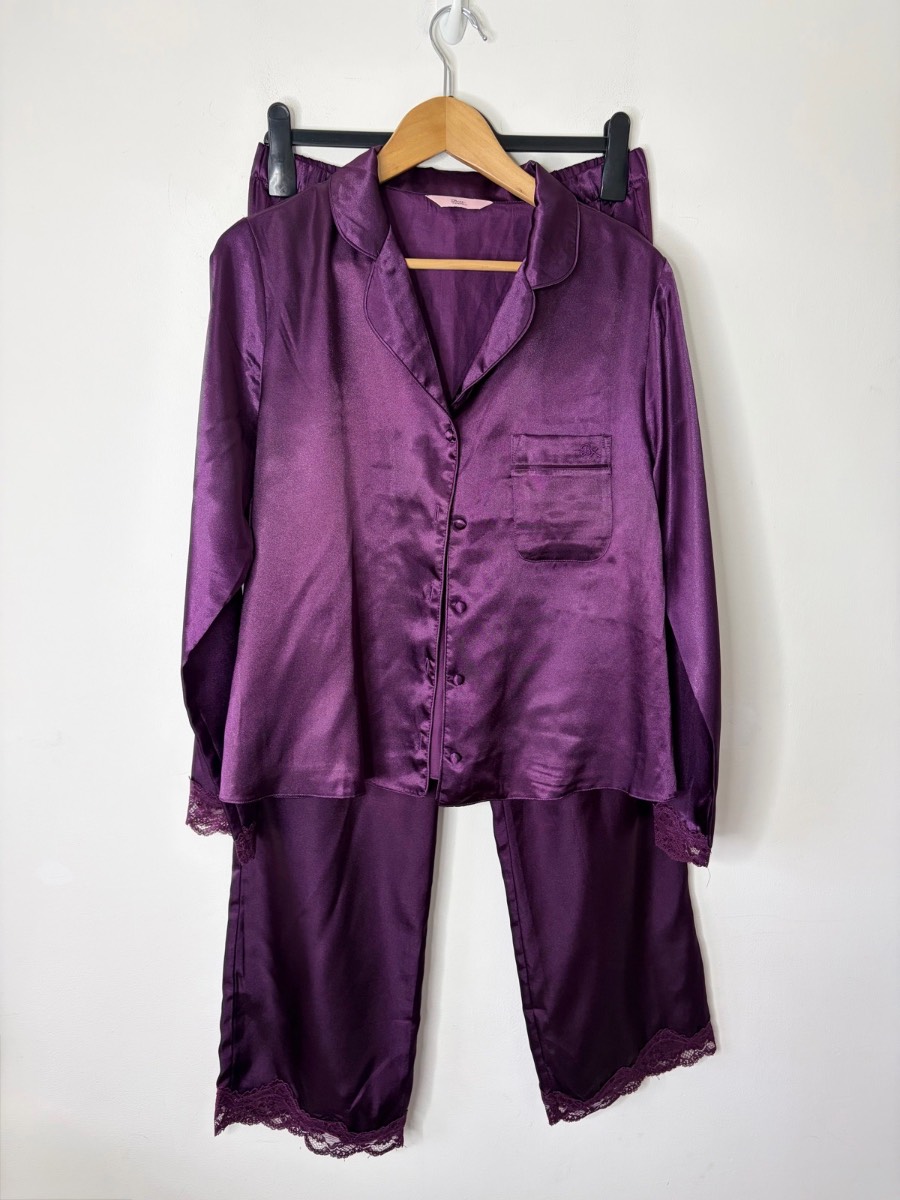 Boux Avenue Women’s Deep Purple Satin Lace Detail Pyjama PJ Set Size 12