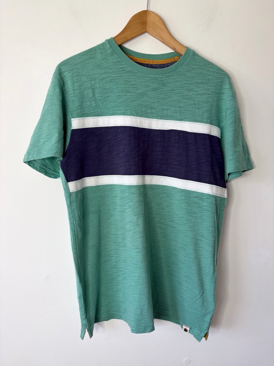 White Stuff Men’s Cotton Summer Navy Turquoise Block T-Shirt Size Small
