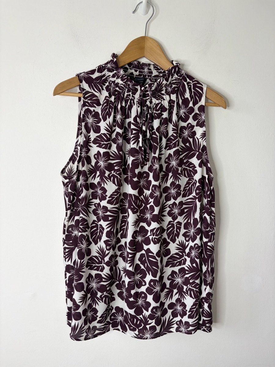 New Marks And Spencer Women’s Burgundy Floral Print High Neck Blouse Size 14