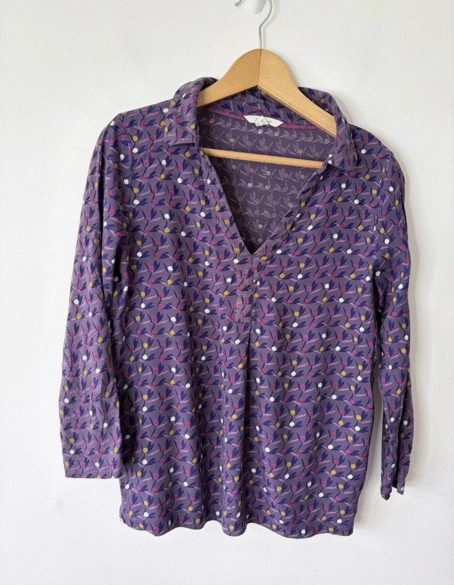 White Stuff Women’s Purple Flower Print 3/4 Sleeve Top Size 10
