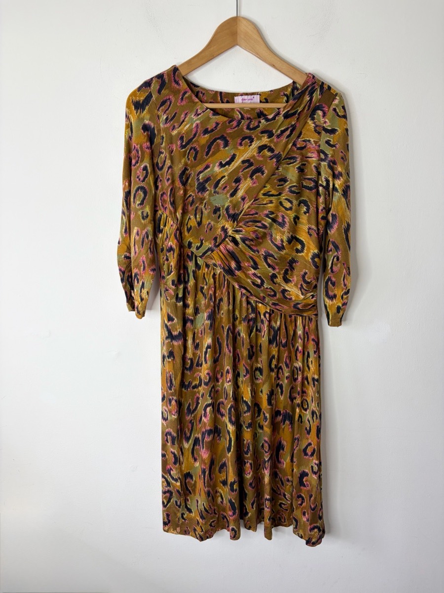Per Una Women’s Mustard Animal Print 3/4 Sleeve Twist Front Jersey Dress Size 16