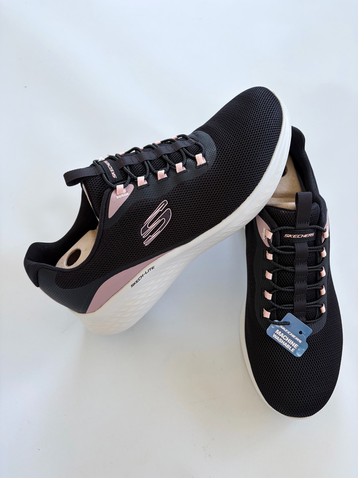 New Skechers Women’s Black Pink Lite Pro Glimmer Slip On Trainers Size 7 Vegan