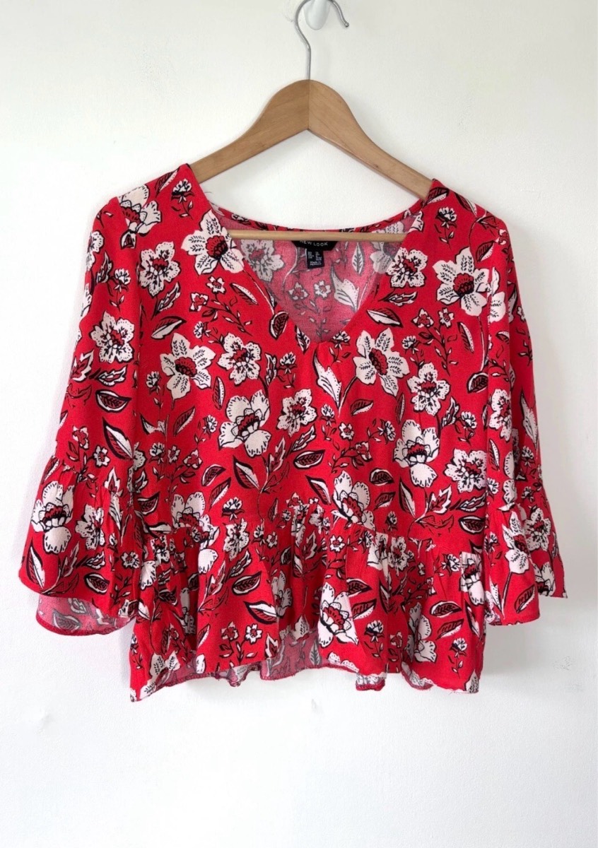 New Look Women’s Red Flower Print Cropped Summer Top Size 12