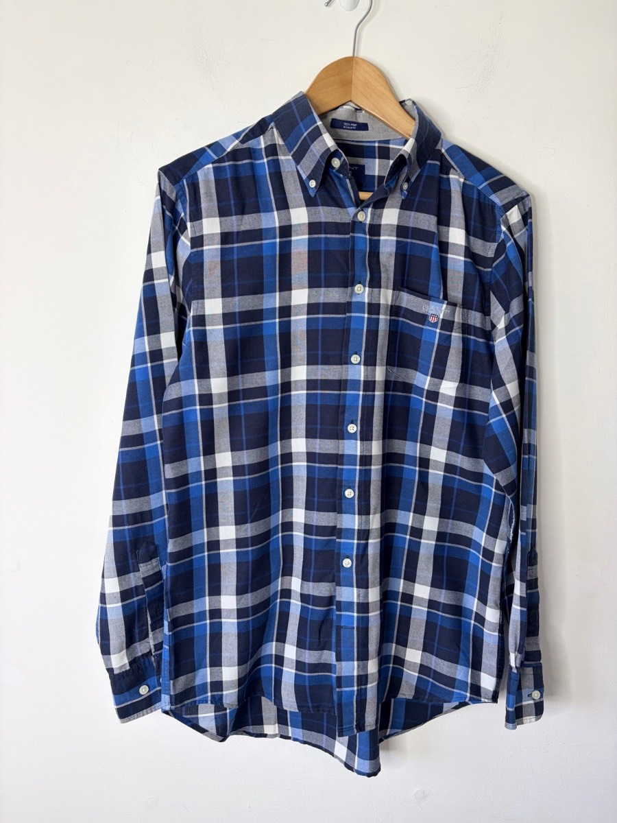 Gant Tech Prep Men’s Navy Blue Checked Long Sleeved Shirt Size Small