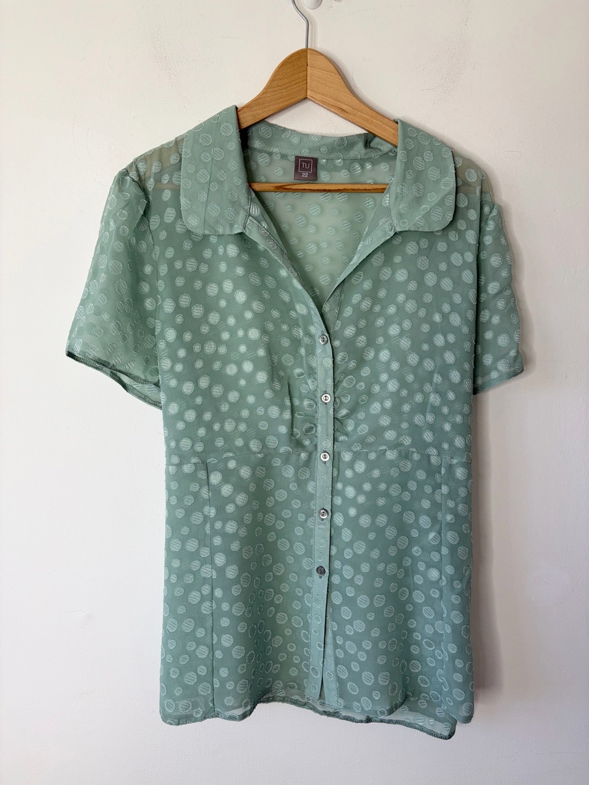 Y2K Office Chic TU Sage Green Polka Dot Sheer Short Sleeved Blouse Size 22
