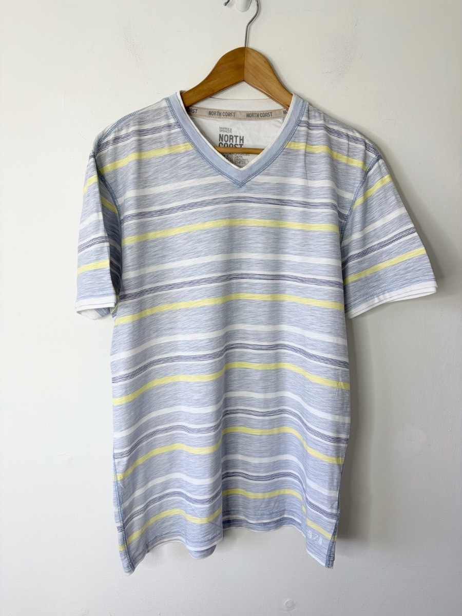 North Coast M&S Men’s Blue Multi Stripe Summer Cotton T-Shirt Size Medium