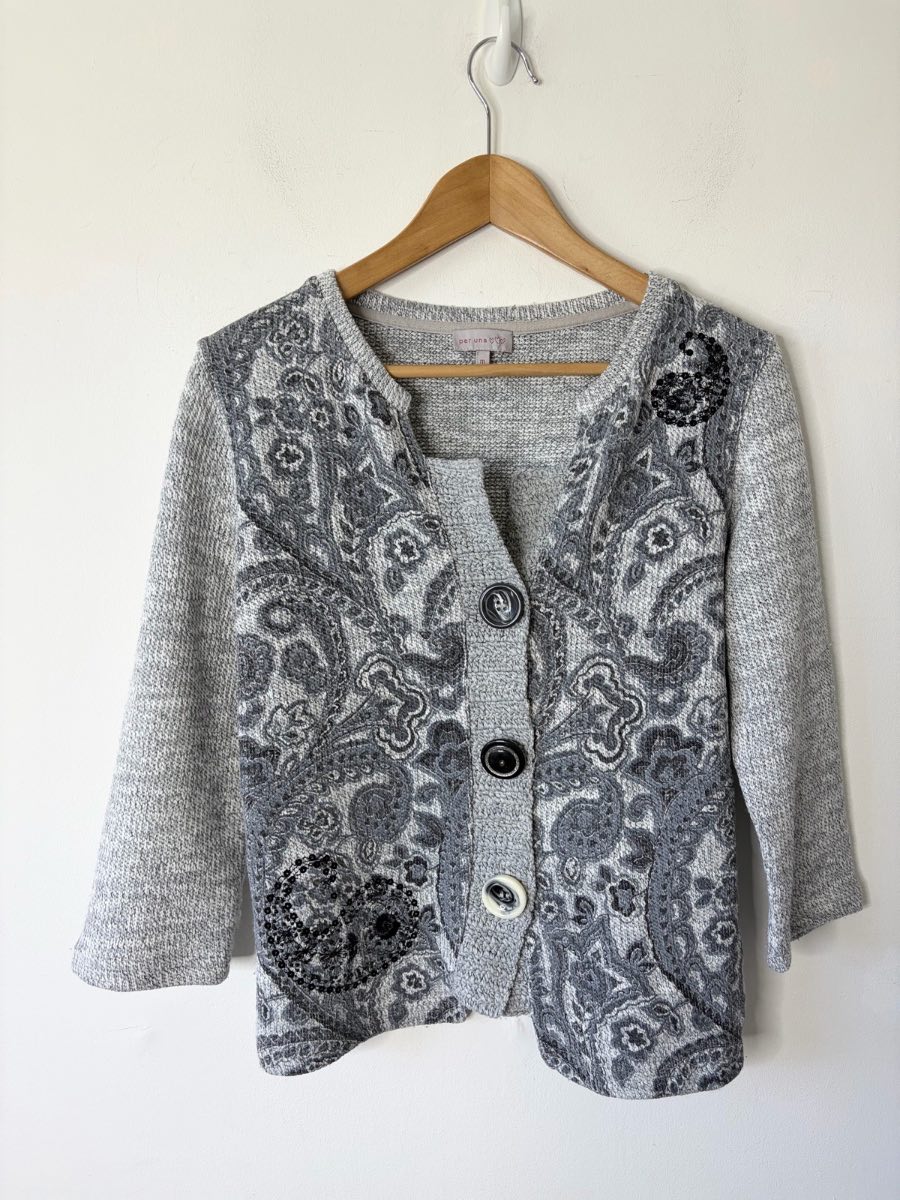 Per Una Women’s Grey Boho Bohemian Patterned Large Button Detail Cardigan Size Medium