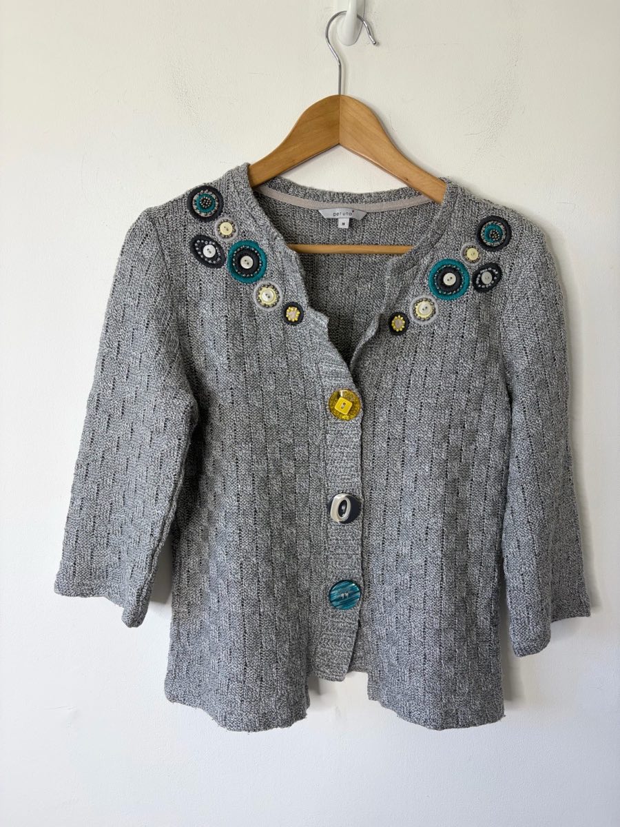 Boho-Chic Cottage Core Per Una Women’s Grey Large Button Cardigan Size Medium