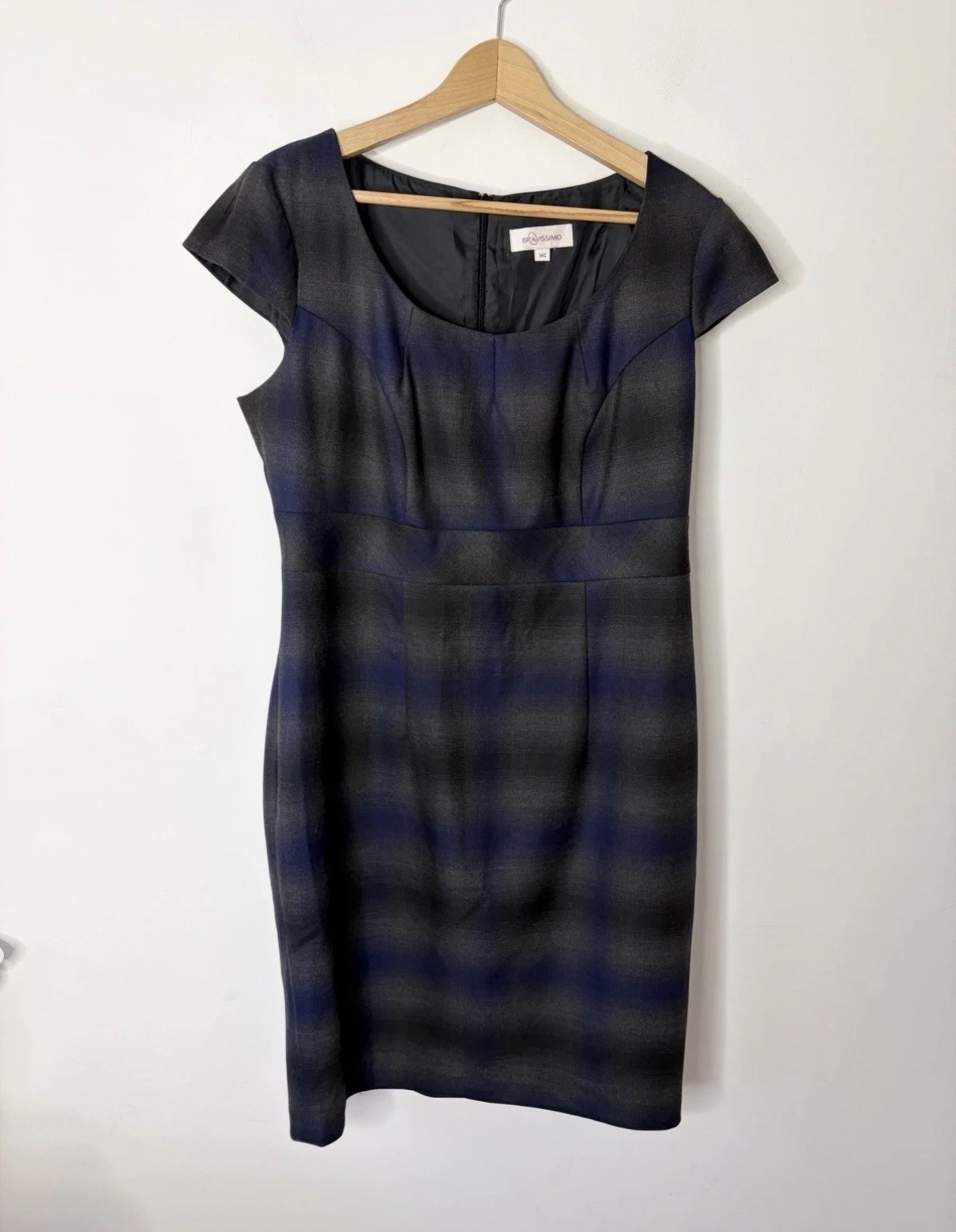 Bravissimo Women’s Blue Grey Scoop Neck Checked Shift Dress Size 14 Curvy