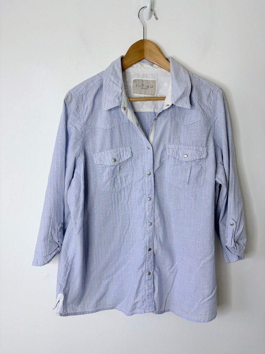 Indigo M&S Women’s Pale Blue Western Inspired 3/4 Cotton Summer Shirt Size 18