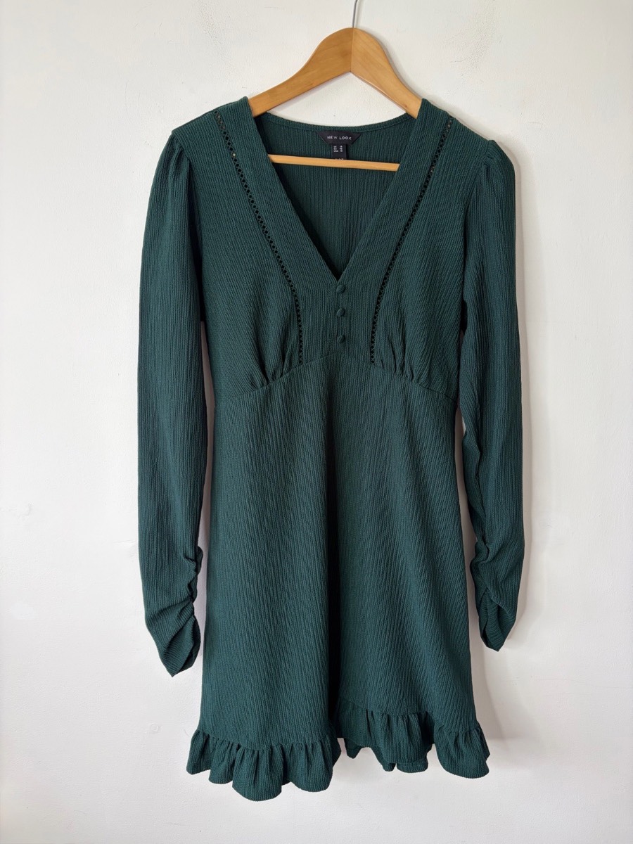 New Look Women’s Forest Green Textured Long Sleeved Dress Size 14