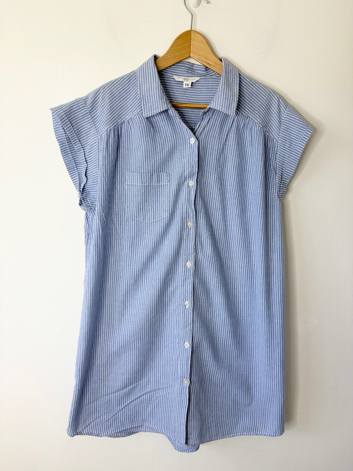 Y2K Office Siren New Look Blue White Stripe Cap Sleeved Long  Shirt Size 16